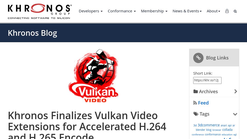Screenshot of khronos.org: Vulkan video extensions for accelerated H.264 and H.265 encode