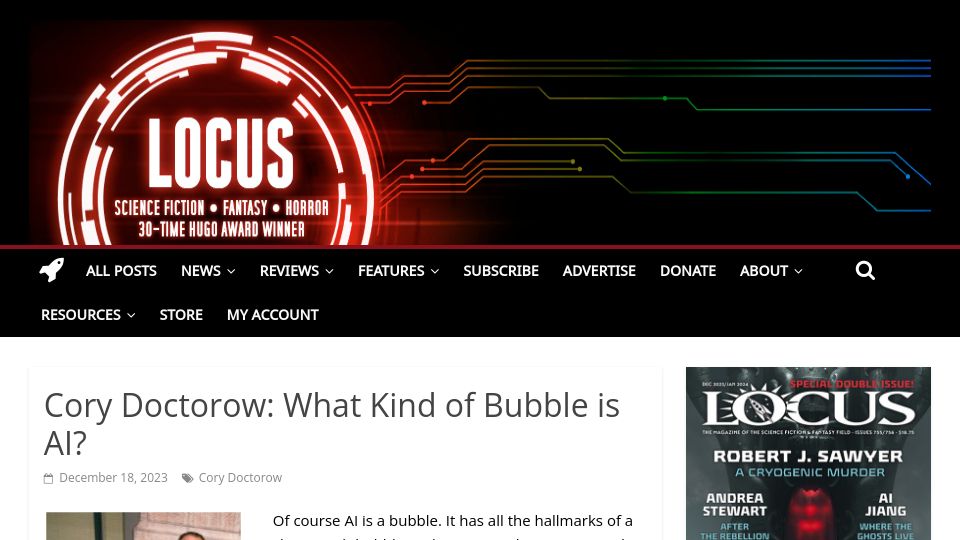 Screenshot of locusmag.com: Cory Doctorow: What Kind of Bubble Is AI?