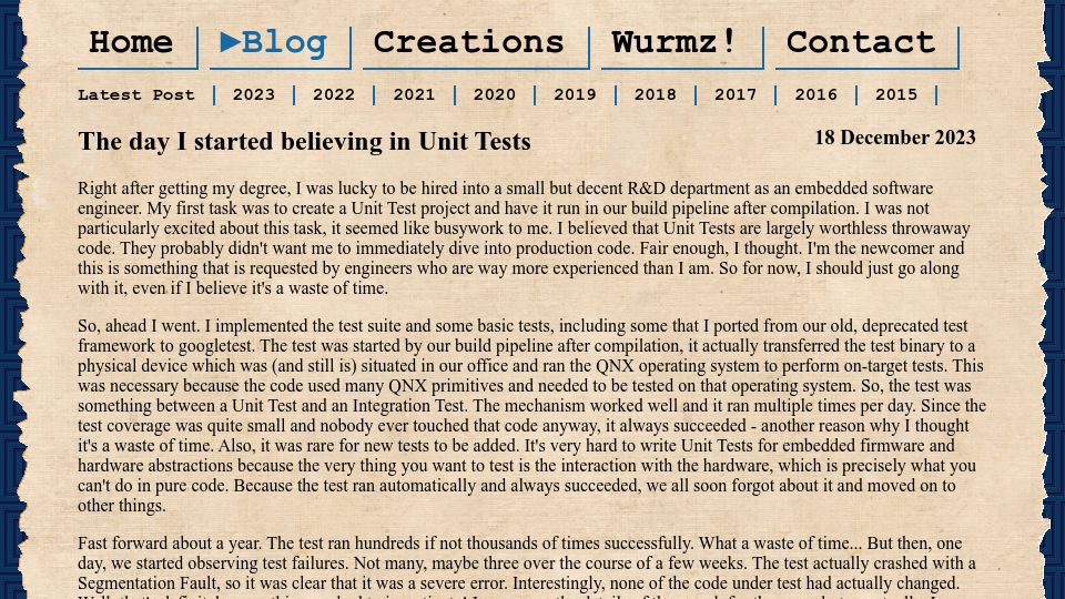 Screenshot of mental-reverb.com: The day I started believing in unit tests