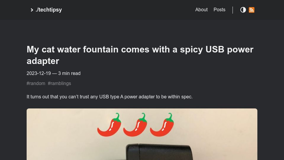 Screenshot of ounapuu.ee: My cat water fountain comes with a spicy USB power adapter