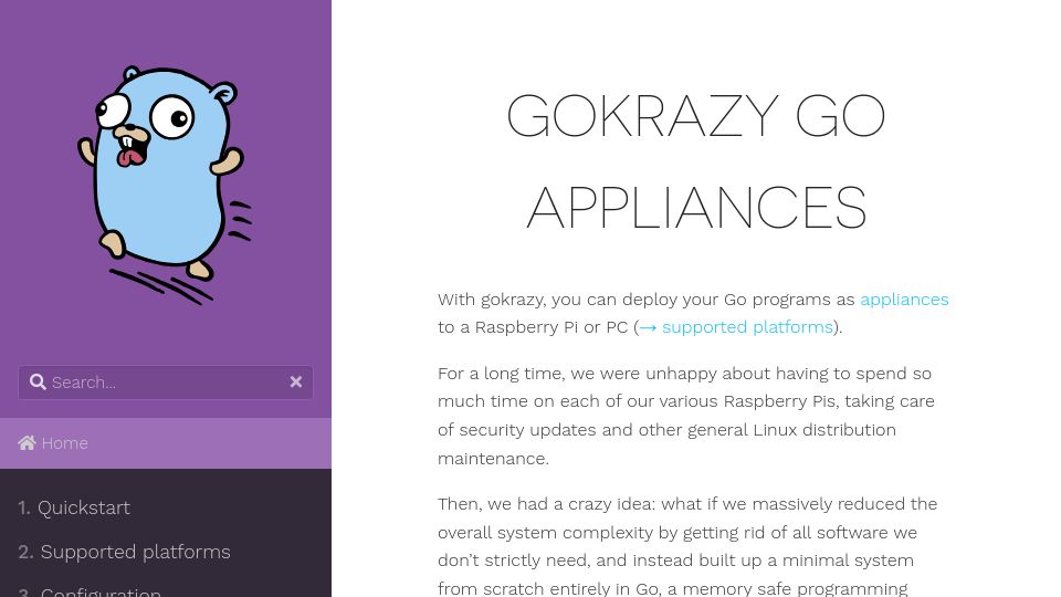 Screenshot of gokrazy.org: Gokrazy – Go Appliances