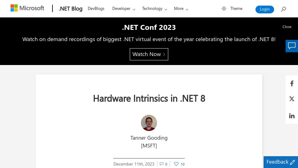 Screenshot of devblogs.microsoft.com: Hardware Intrinsics in .NET 8
