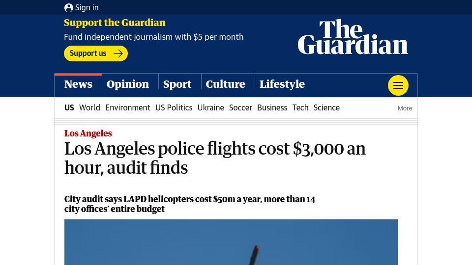 Screenshot of theguardian.com: LAPD helicopters cost $50M a year, more than 14 city offices' entire budget