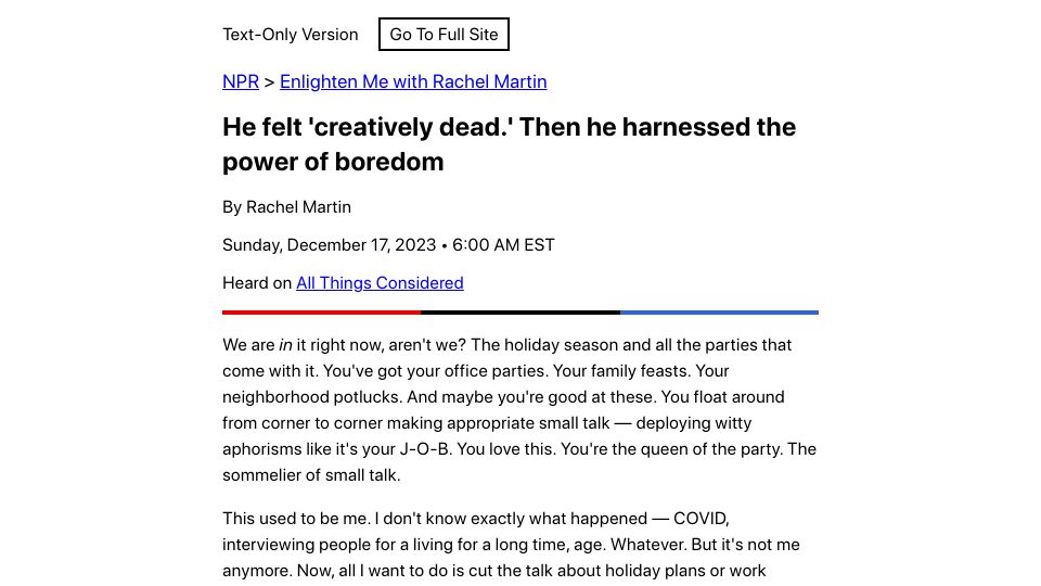 Screenshot of npr.org: He felt 'creatively dead', then harnessed the power of boredom