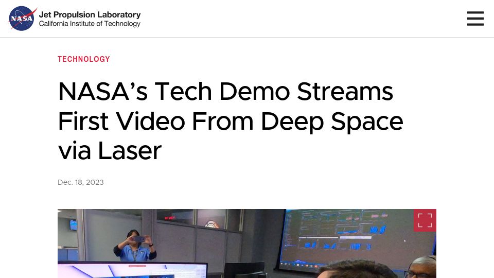 Screenshot of jpl.nasa.gov: NASA’s tech demo streams first video from deep space via laser