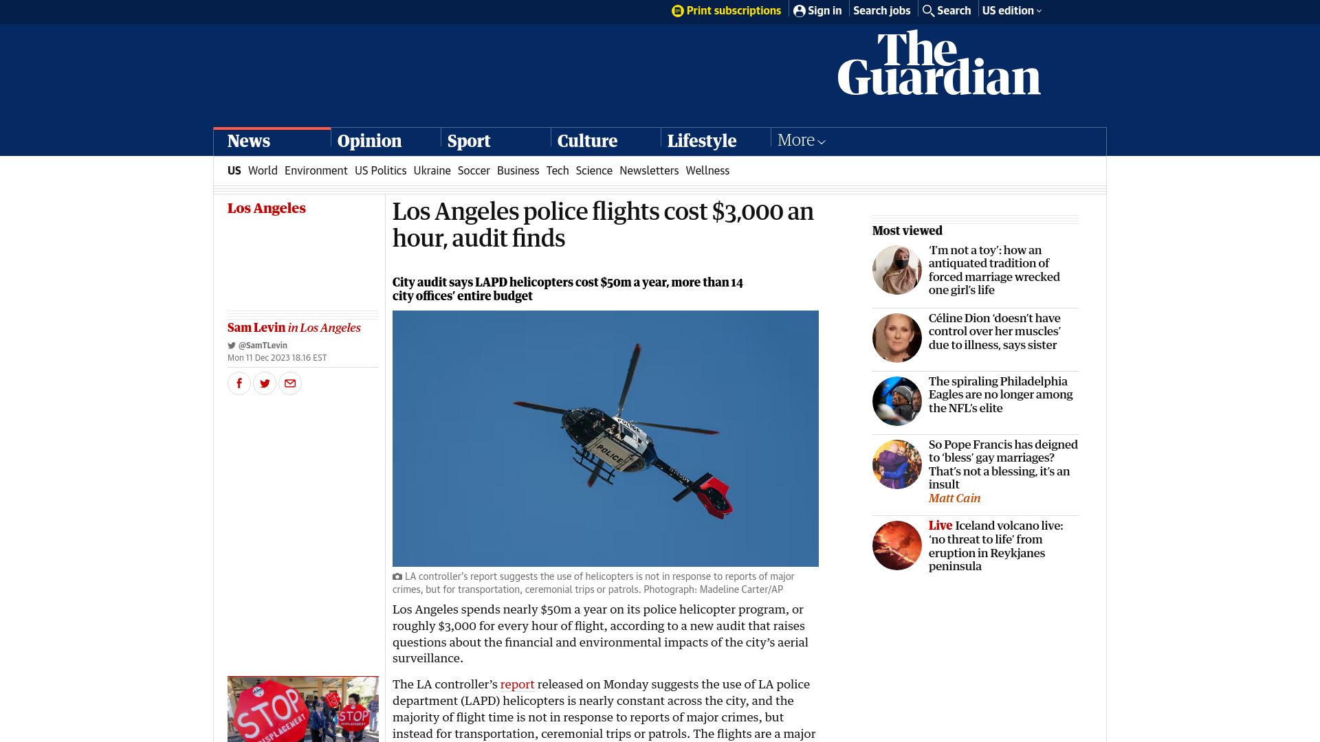 Screenshot of theguardian.com: LAPD helicopters cost $50M a year, more than 14 city offices' entire budget