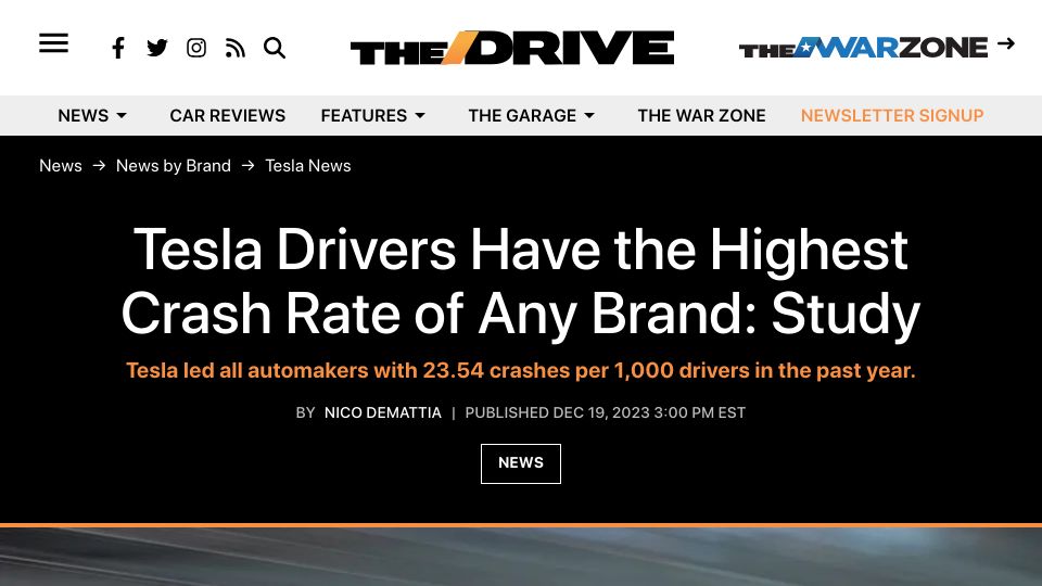 Screenshot of thedrive.com: Tesla Drivers Have the Highest Crash Rate of Any Brand: Study