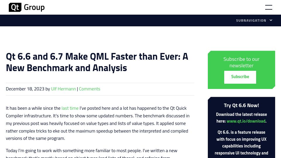 Screenshot of qt.io: Qt 6.6 and 6.7 Make QML Faster Than Ever: A New Benchmark and Analysis