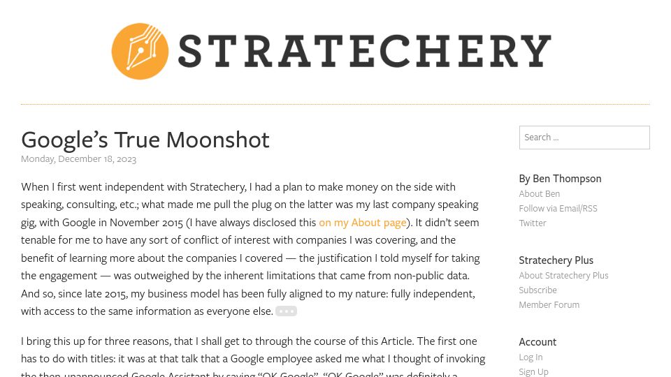 Screenshot of stratechery.com: Google's True Moonshot