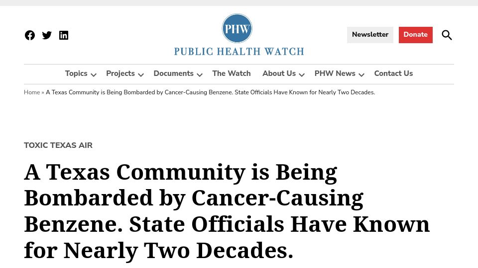 Screenshot of publichealthwatch.org: Large amounts of benzene detected in Texas.The residents werent told for decades