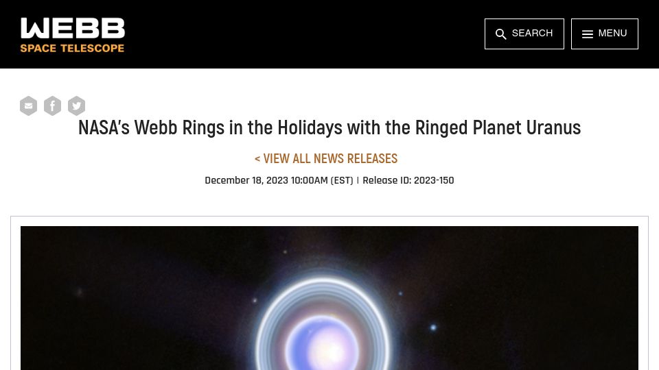 Screenshot of webbtelescope.org: James Webb Space Telescope captures high-resolution image of Uranus