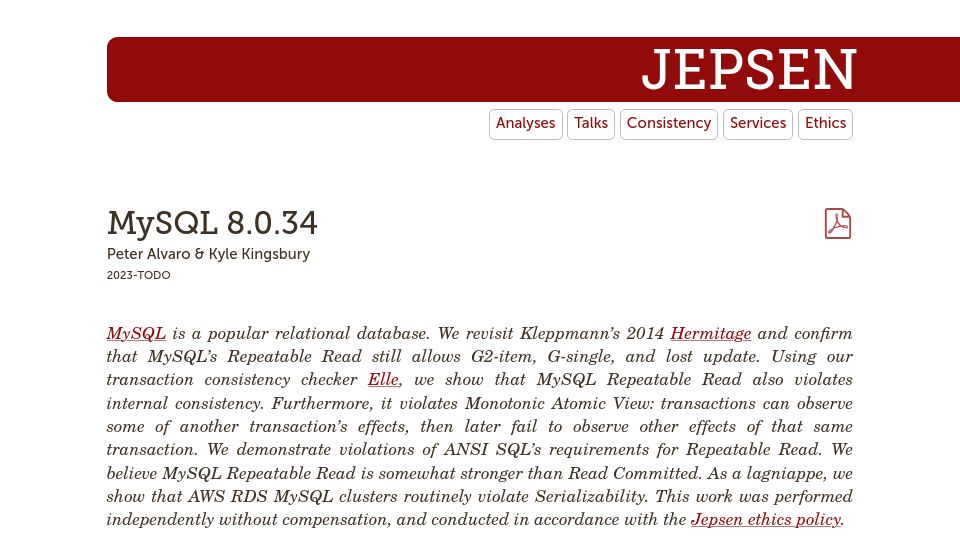 Screenshot of jepsen.io: Jepsen: MySQL 8.0.34