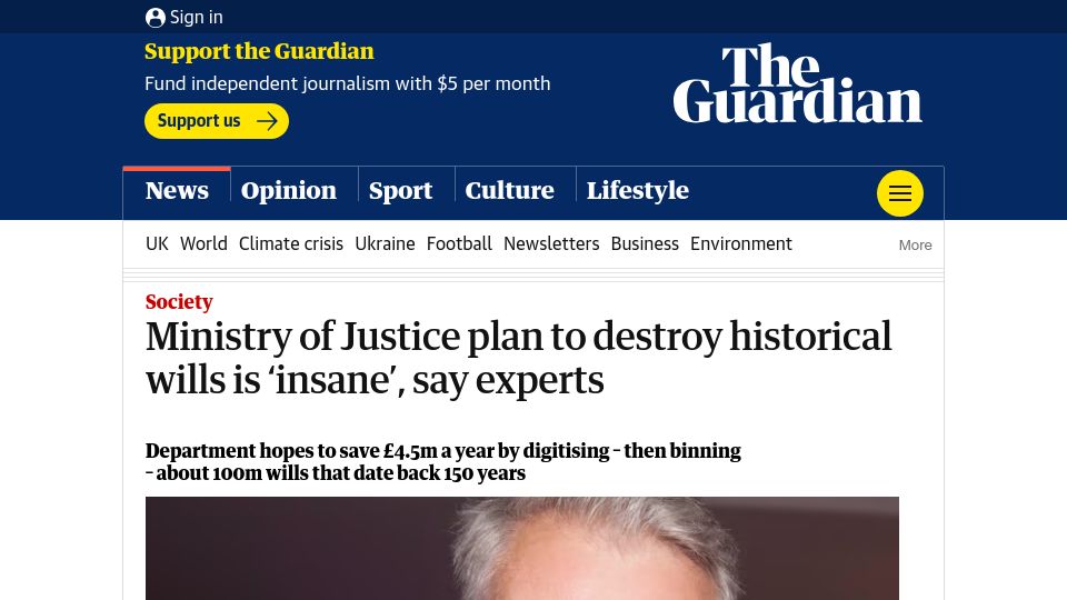 Screenshot of theguardian.com: UK plan to digitise wills and destroy paper originals "insane" say experts