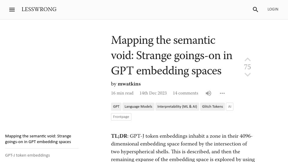 Screenshot of lesswrong.com: Mapping the semantic void: Strange goings-on in GPT embedding spaces