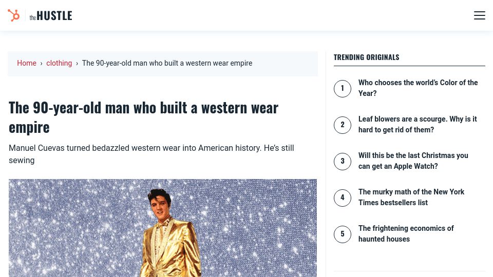 Screenshot of thehustle.co: A 90-year-old man who built a western wear empire