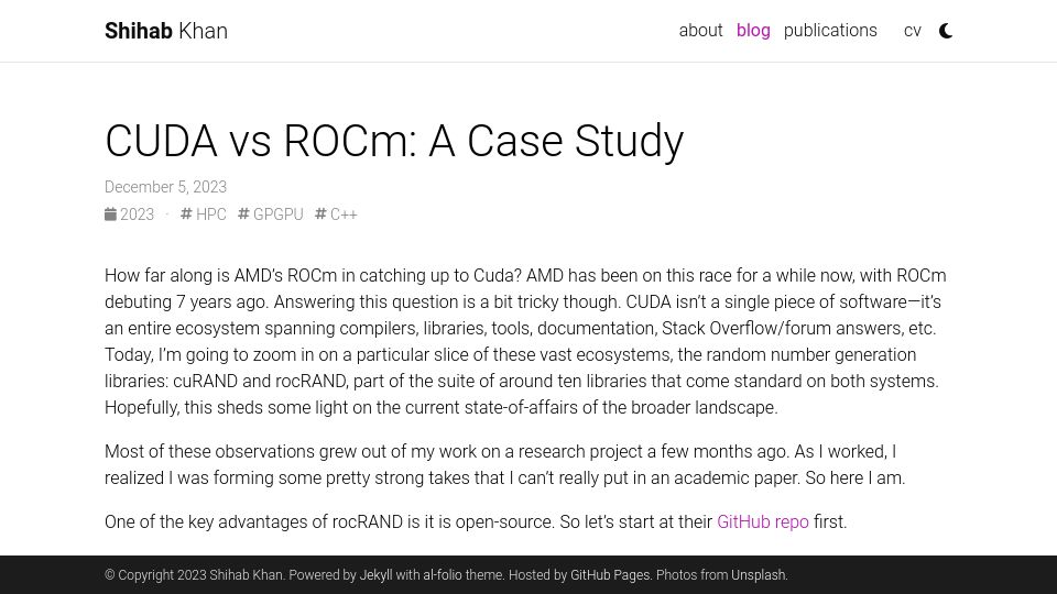 Screenshot of shihab-shahriar.github.io: CUDA vs. ROCm: A case study
