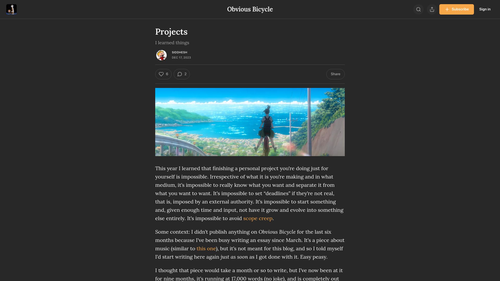 Screenshot of siddhesh.substack.com: Lessons from a never-ending personal project