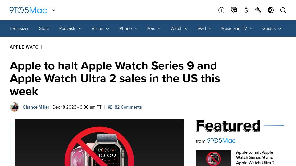 Screenshot of 9to5mac.com: Apple to halt Apple Watch Series 9 and Ultra 2 sales in the US this week