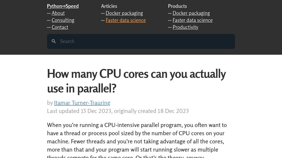 Screenshot of pythonspeed.com: How many CPU cores can you use in parallel?