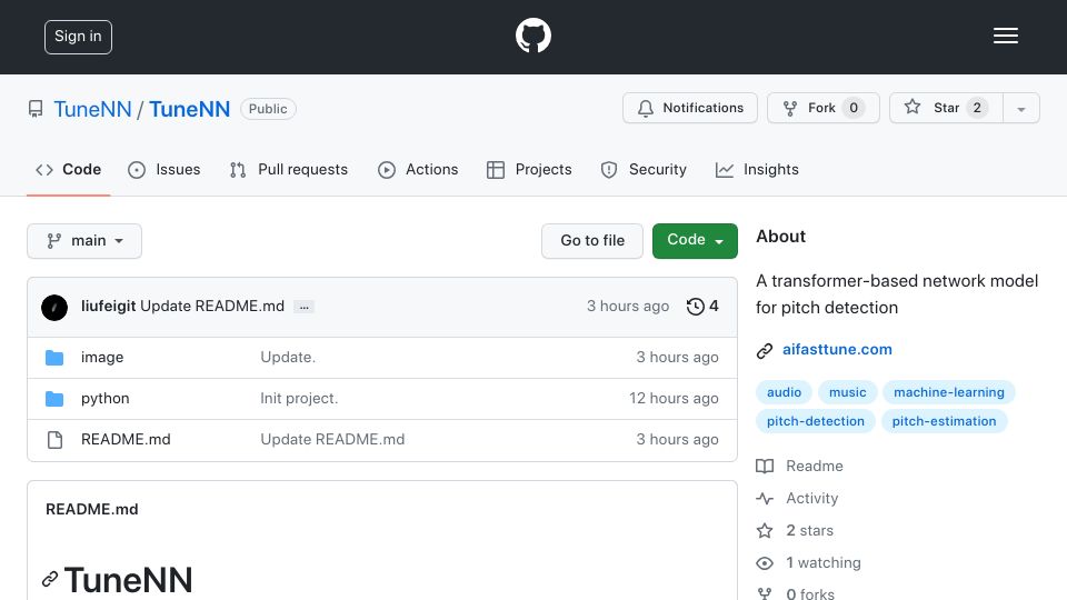 Screenshot of github.com: TuneNN: A transformer-based network model for pitch detection