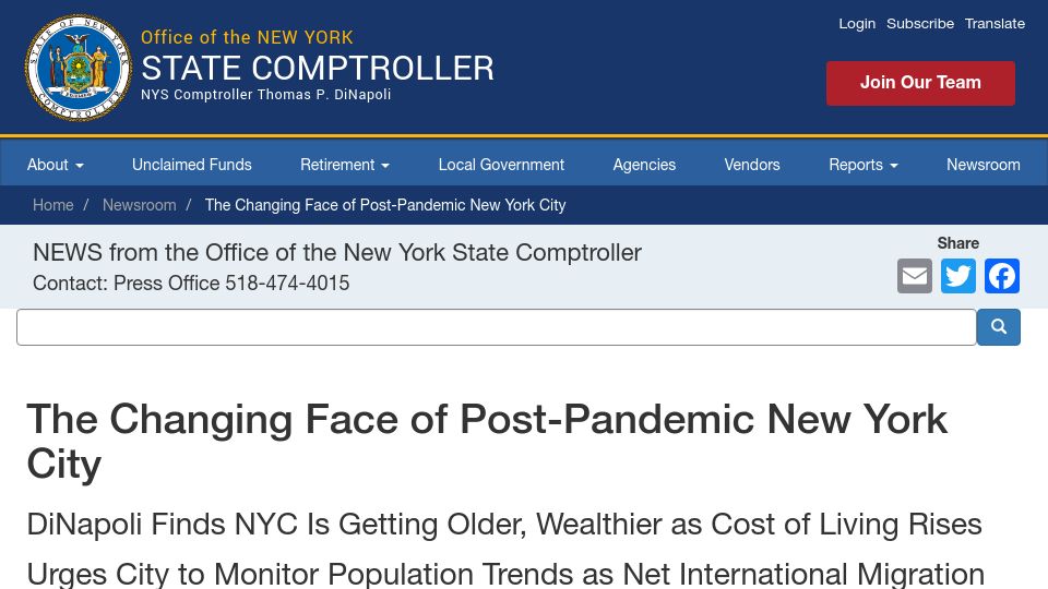 Screenshot of osc.ny.gov: The changing face of post-pandemic New York City