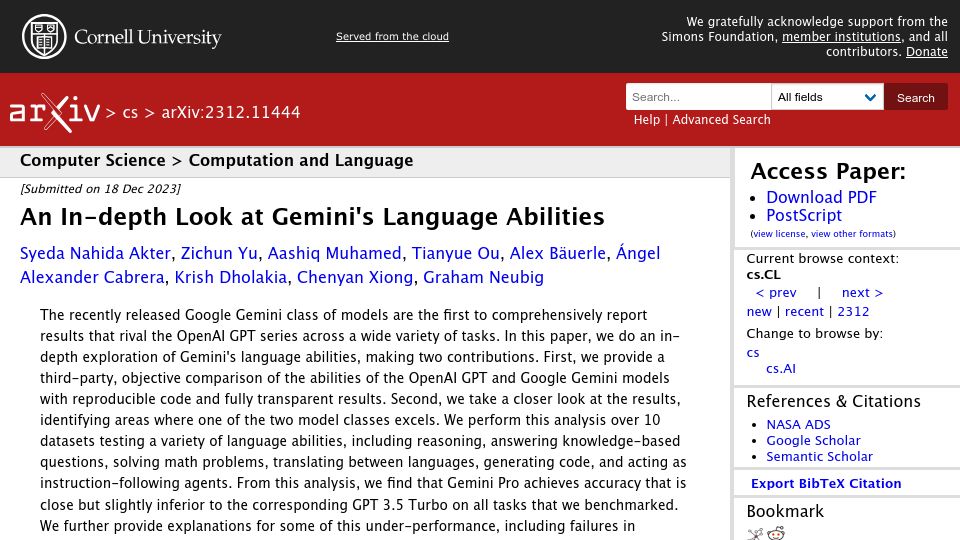 Screenshot of arxiv.org: Gemini Pro achieves accuracy slightly inferior to GPT 3.5 Turbo