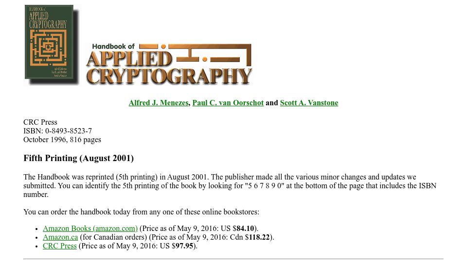 Screenshot of cacr.uwaterloo.ca: Handbook of Applied Cryptography