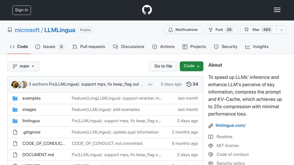 Screenshot of github.com: LLMLingua: Compressing Prompts for Faster Inferencing