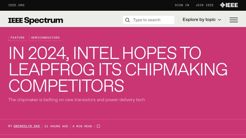 Screenshot of spectrum.ieee.org: In 2024, Intel Hopes to Leapfrog Its Chipmaking Competitors