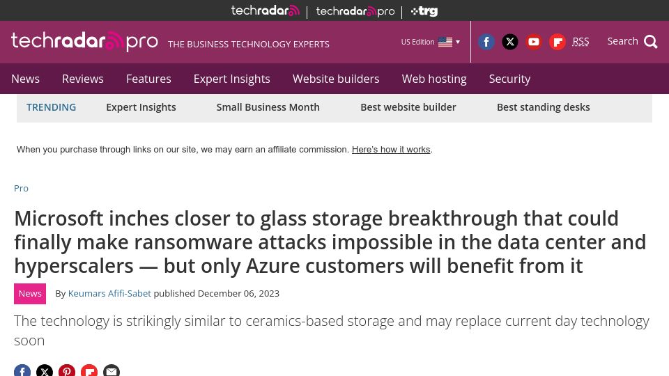 Screenshot of techradar.com: Microsoft nears glass storage breakthrough; could make ransomware attacks harder