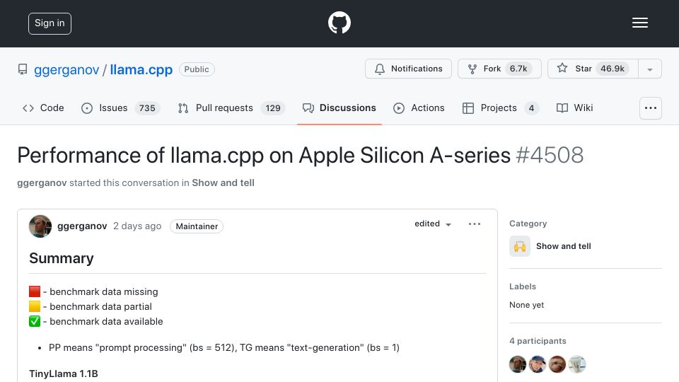 Screenshot of github.com: Performance of llama.cpp on Apple Silicon A-series