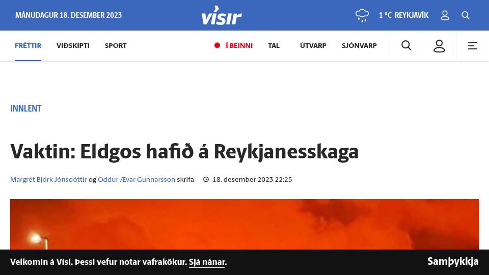 Screenshot of visir.is: Volcanic eruption started just north of the town of Grindavik, Iceland