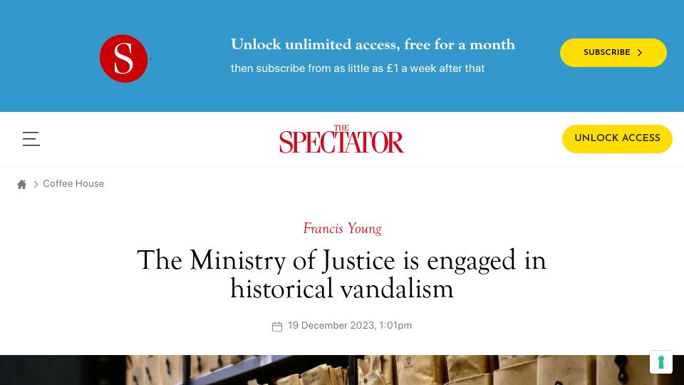 Screenshot of spectator.co.uk: The Ministry of Justice is engaged in historical vandalism