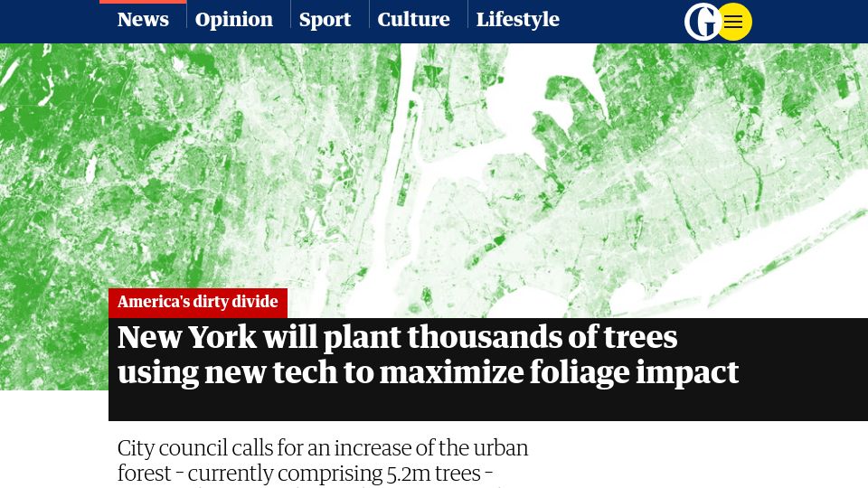 Screenshot of theguardian.com: New York will plant trees using new tech to maximize foliage impact