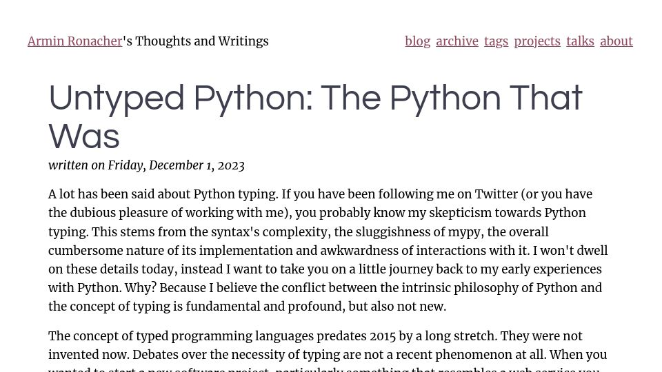Screenshot of lucumr.pocoo.org: Untyped Python: The Python That Was