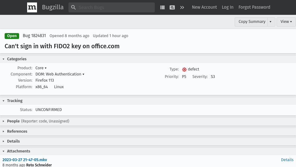 Screenshot of bugzilla.mozilla.org: Can't sign in with FIDO2 key on office.com