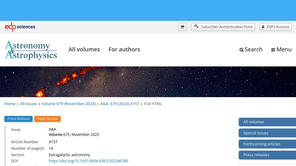 Screenshot of aanda.org: A giant thin stellar stream in the Coma Galaxy Cluster