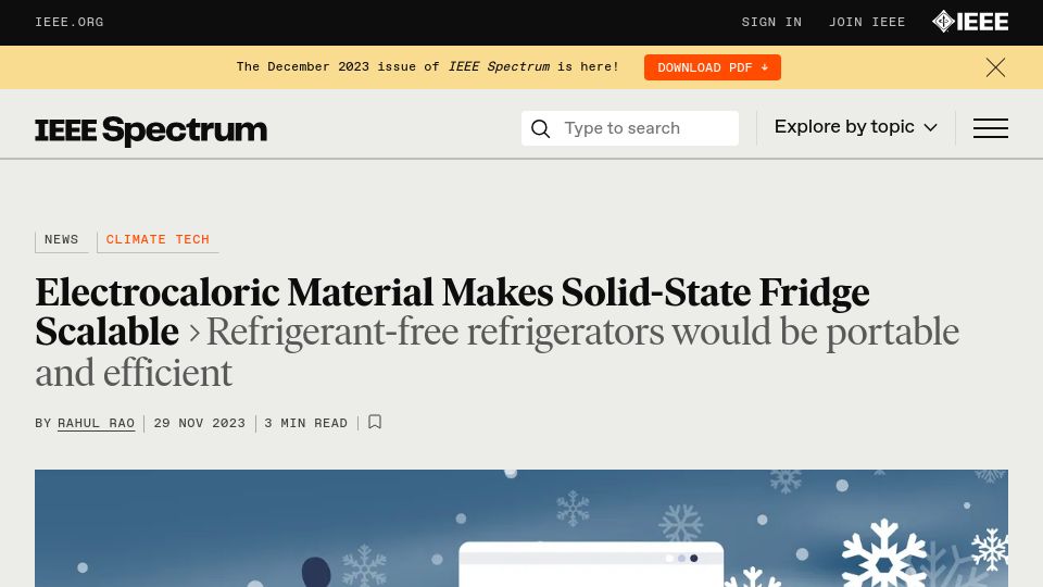 Screenshot of spectrum.ieee.org: Electrocaloric material makes refrigerant-free solid-state fridge scalable