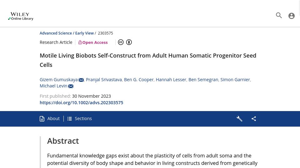 Screenshot of onlinelibrary.wiley.com: Motile Living Biobots Self-Construct from Adult Human Somatic Progenitor Cells