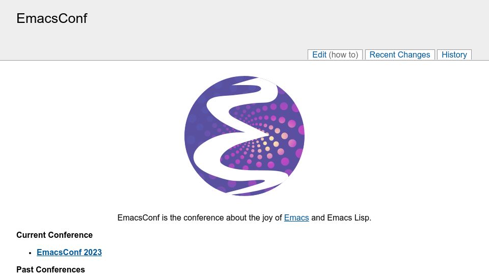 Screenshot of emacsconf.org: EmacsConf Live Now