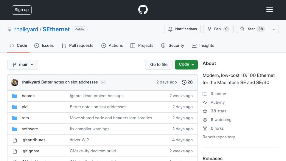 Screenshot of github.com: SEthernet: Modern, low-cost 10/100 Ethernet for the Macintosh SE and SE/30