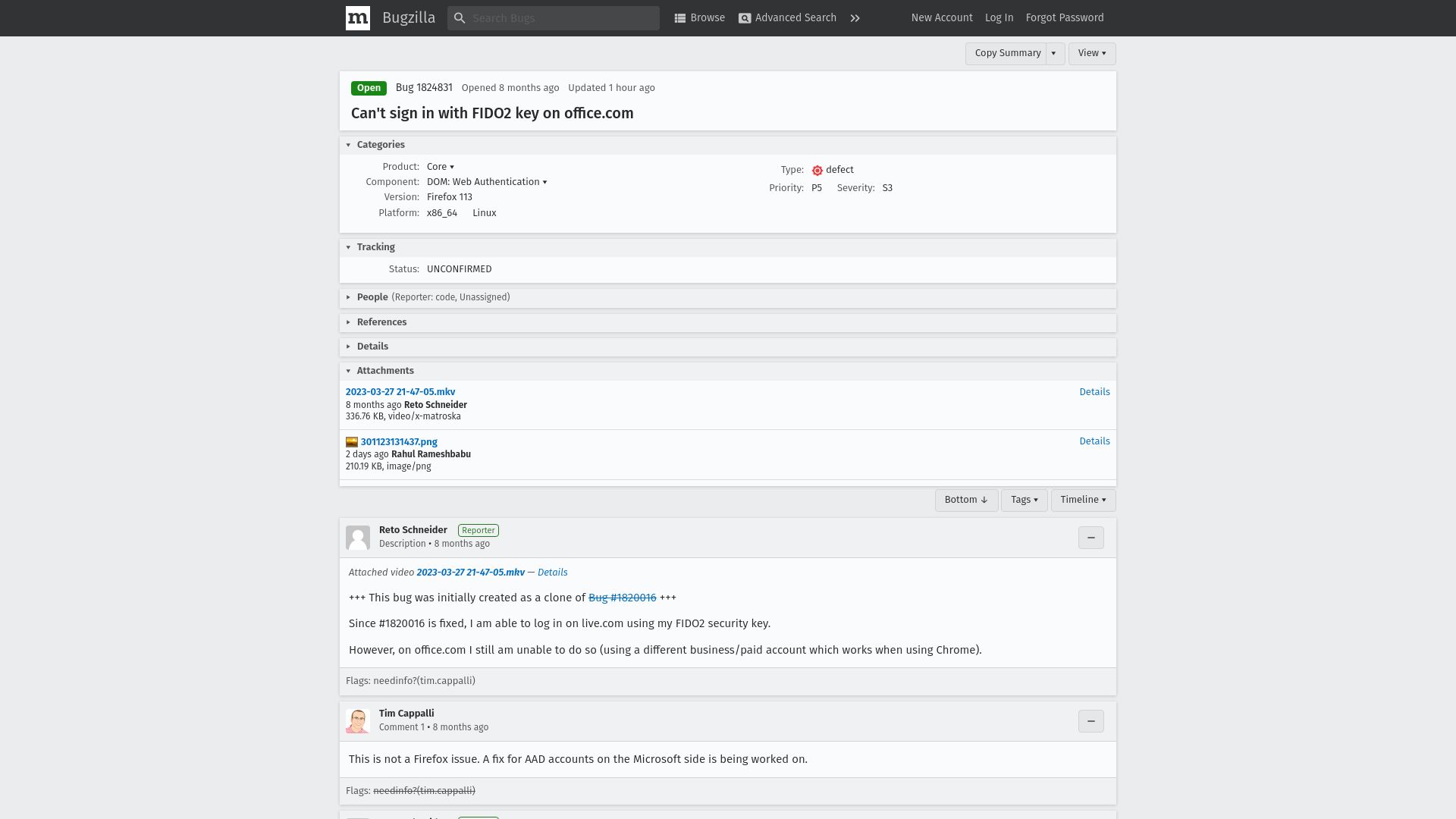 Screenshot of bugzilla.mozilla.org: Can't sign in with FIDO2 key on office.com
