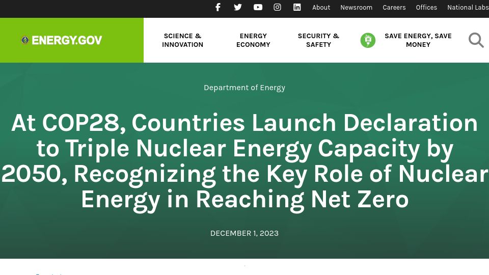 Screenshot of energy.gov: COP28: Countries launch declaration to triple nuclear energy by 2050