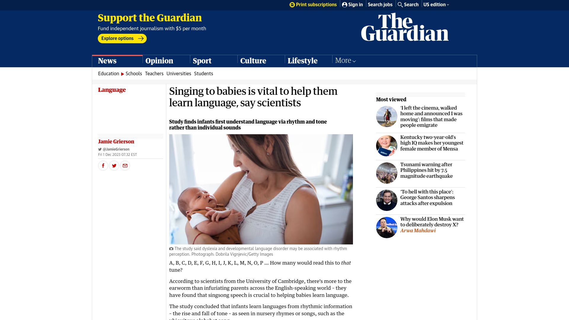 Screenshot of theguardian.com: Infants understand language via rhythm and tone rather than individual sounds