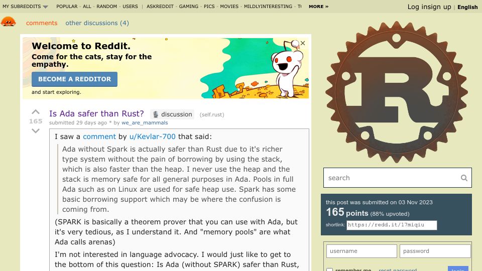 Screenshot of old.reddit.com: Is Ada safer than Rust?