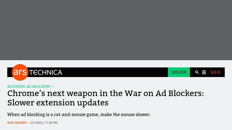 Screenshot of arstechnica.com: Chrome's next weapon in the War on Ad Blockers: Slower extension updates