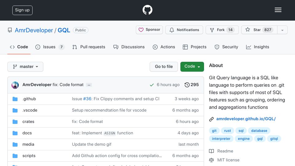 Screenshot of github.com: GQL – Git Query Language