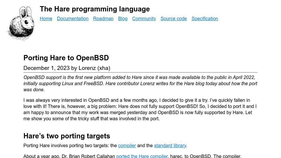 Screenshot of harelang.org: Porting Hare to OpenBSD