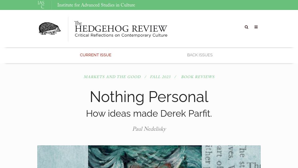 Screenshot of hedgehogreview.com: Nothing Personal: How ideas made Derek Parfit