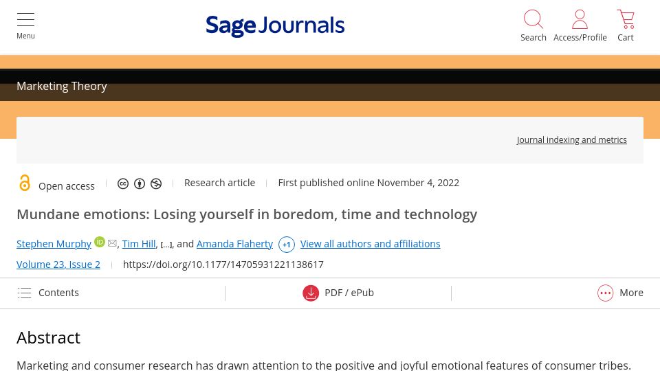 Screenshot of journals.sagepub.com: Mundane emotions: Losing yourself in boredom, time and technology (2022)